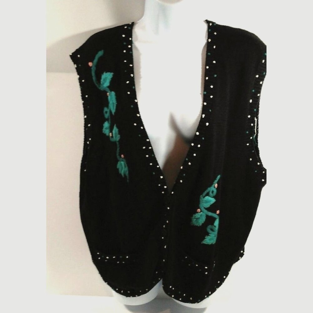 Koret Black Sweater Vest Embroidered Vine Leaves 1X